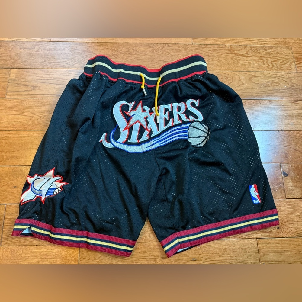 Just Don Black Philadelphia 76ers Basketball Shorts with Red and Yellow Trim
